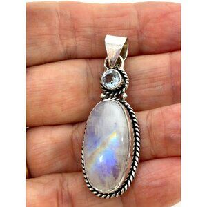 Rainbow Moonstone Oval Pendant 925 Sterling Silver Blue Topaz Handmade India